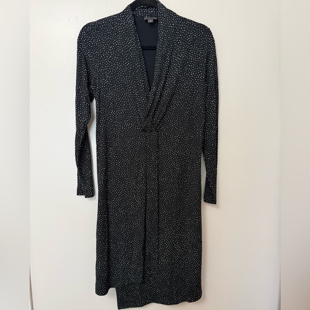JJill Wearever collection Black Polka Dot Faux Wrap asymmetric hem Dress